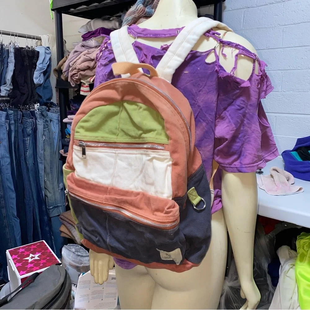 BDG Small Colorblock Backpack Cargo Multi Zipper Neutrals Unique Patchwork